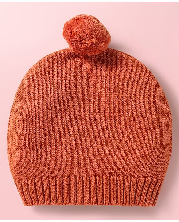 Babyhug Knitted Full Sleeves Pullover Sweater Set With Cap & Reindeer Patch Detailing - Orange