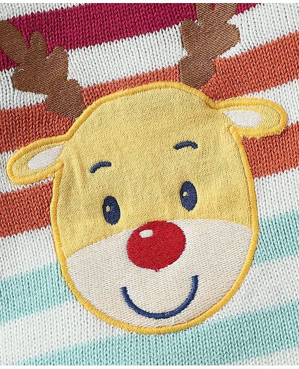 Babyhug Knitted Full Sleeves Pullover Sweater Set With Cap & Reindeer Patch Detailing - Orange