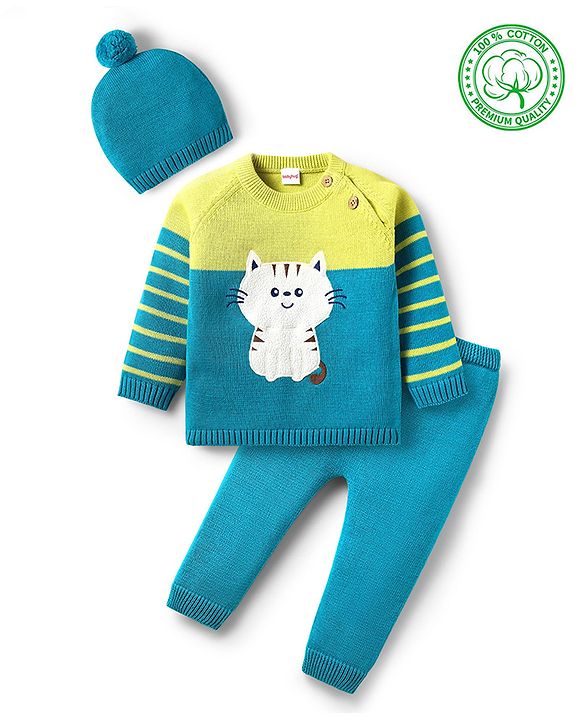Babyhug Organic Cotton Knit Full Raglan Sleeves Sweater Set with Cap & Cat Patch Detailing - Teal Blue