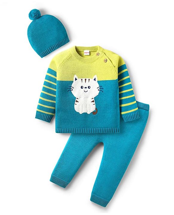 Babyhug Organic Cotton Knit Full Raglan Sleeves Sweater Set with Cap & Cat Patch Detailing - Teal Blue