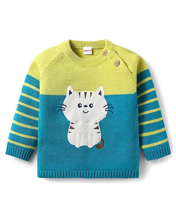 Babyhug Organic Cotton Knit Full Raglan Sleeves Sweater Set with Cap & Cat Patch Detailing - Teal Blue