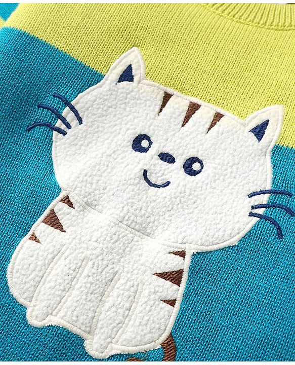 Babyhug Organic Cotton Knit Full Raglan Sleeves Sweater Set with Cap & Cat Patch Detailing - Teal Blue