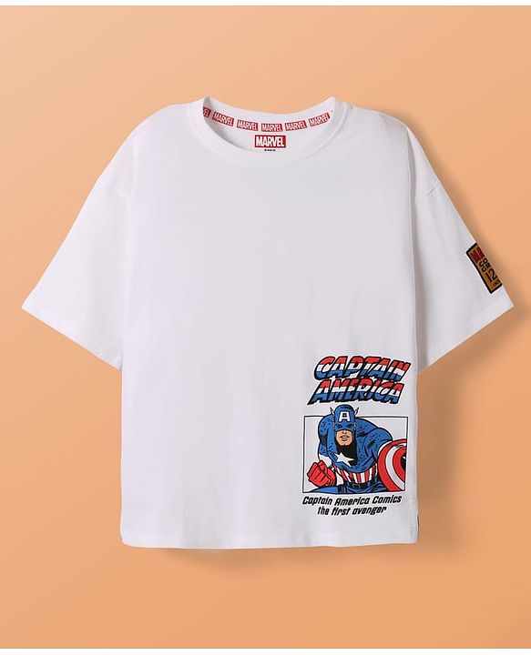 Pine Kids Marvel Single Jersey Drop Shoulder Half Sleeves T-Shirts & Short Set with Front & Back Captain America Graphics - White & Blue
