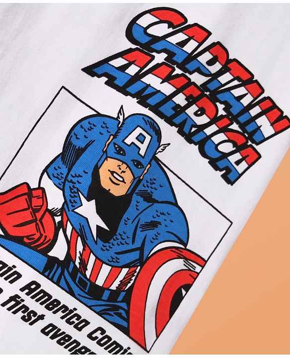 Pine Kids Marvel Single Jersey Drop Shoulder Half Sleeves T-Shirts & Short Set with Front & Back Captain America Graphics - White & Blue