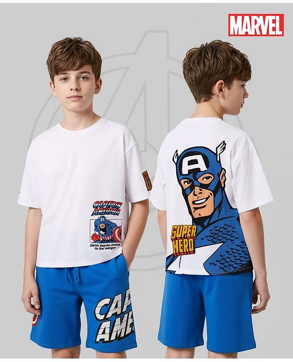 Pine Kids Marvel Single Jersey Drop Shoulder Half Sleeves T-Shirts & Short Set with Front & Back Captain America Graphics - White & Blue