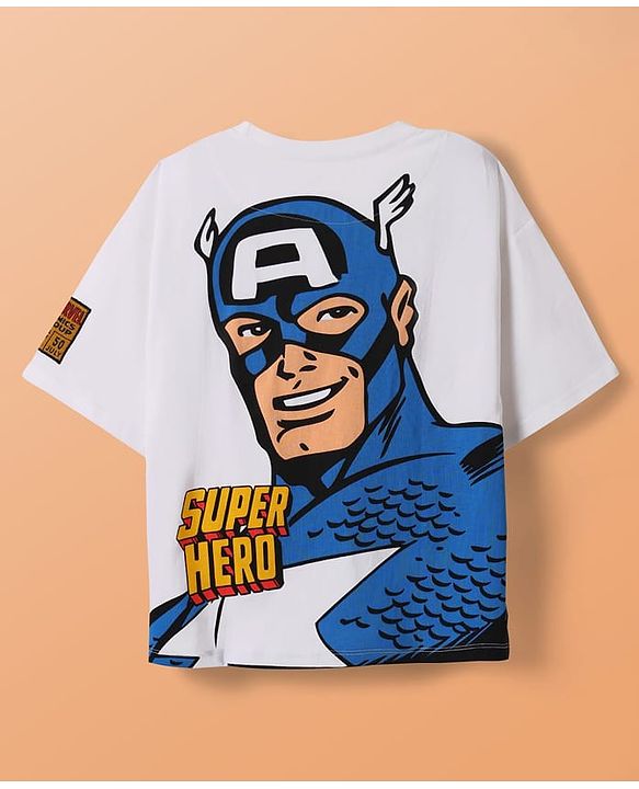 Pine Kids Marvel Single Jersey Drop Shoulder Half Sleeves T-Shirts & Short Set with Front & Back Captain America Graphics - White & Blue