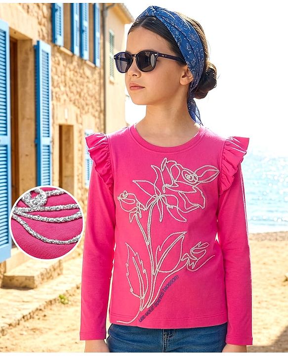Pine Kids Cotton Knit Full Sleeves Top With Frill Detailing - Dark Pink