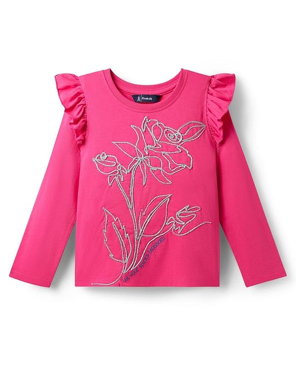 Pine Kids Cotton Knit Full Sleeves Top With Frill Detailing - Dark Pink