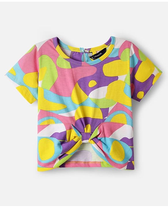 Pine Kids Cotton Knit Half Sleeves Top with Knot Detailing & Abstract Print - Purple
