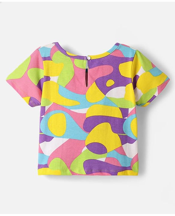 Pine Kids Cotton Knit Half Sleeves Top with Knot Detailing & Abstract Print - Purple
