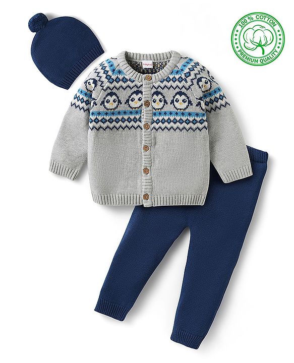 Babyhug Knit Full Sleeves Sweater Set with Cap & Penguin Design - Grey & Navy Blue