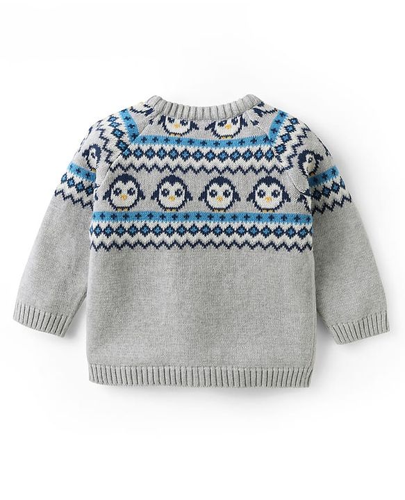 Babyhug Knit Full Sleeves Sweater Set with Cap & Penguin Design - Grey & Navy Blue