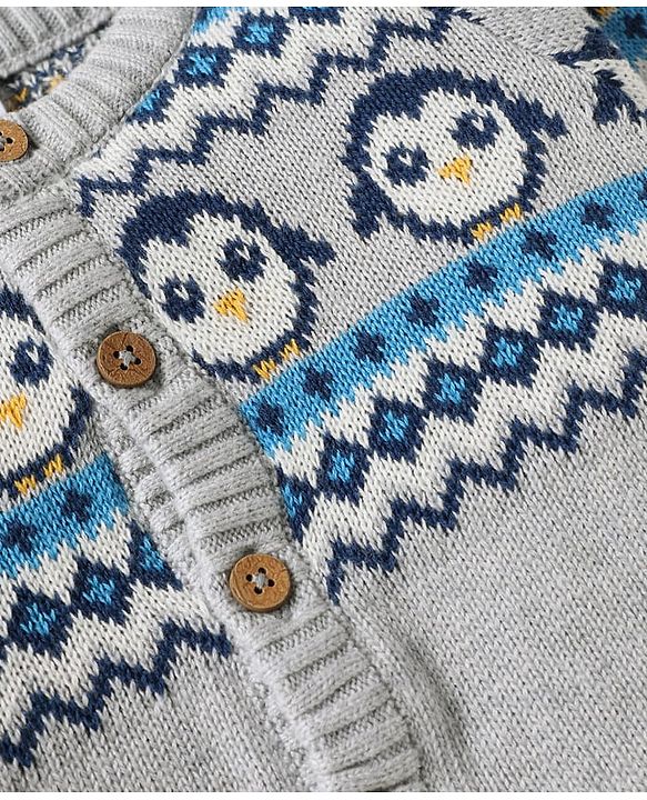 Babyhug Knit Full Sleeves Sweater Set with Cap & Penguin Design - Grey & Navy Blue