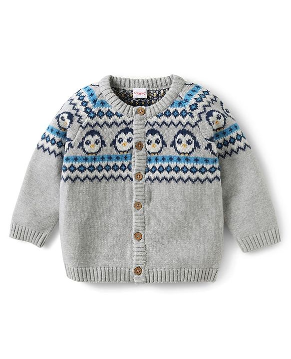 Babyhug Organic Cotton Knitted Full Sleeves Sweater Set with Cap & Penguin Design - Grey & Navy Blue