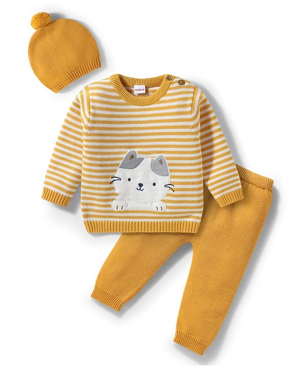 Babyhug Organic Cotton Knitted Full Sleeves Striped Pullover Sweater Set With Kitty Patch Detailing & Cap - Golden