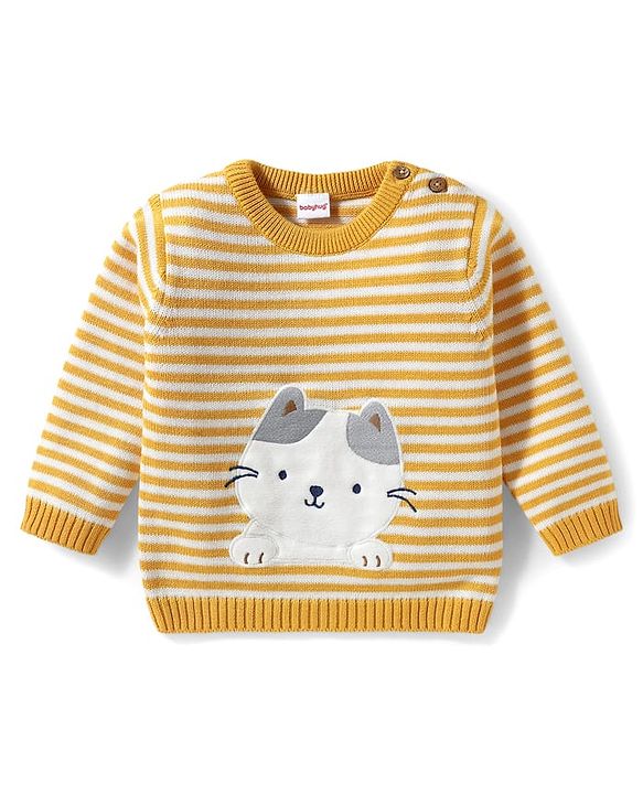 Babyhug Organic Cotton Knitted Full Sleeves Striped Pullover Sweater Set With Kitty Patch Detailing & Cap - Golden