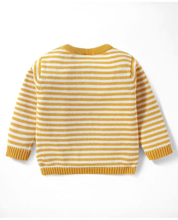 Babyhug Organic Cotton Knitted Full Sleeves Striped Pullover Sweater Set With Kitty Patch Detailing & Cap - Golden
