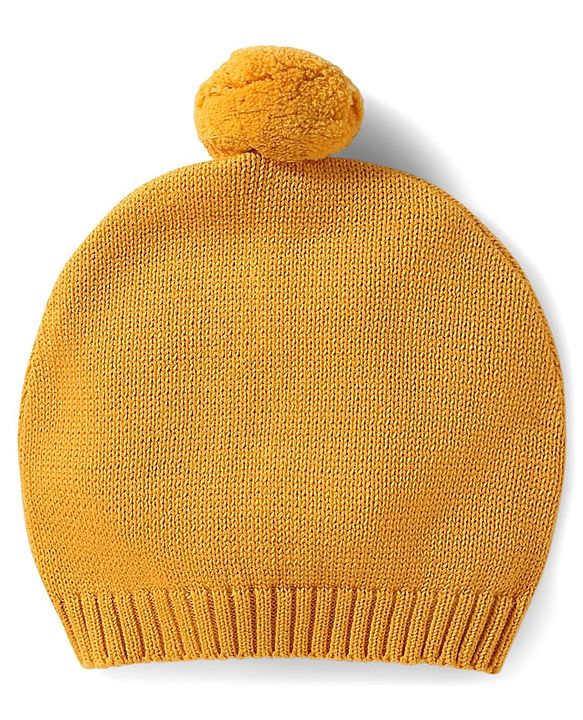 Babyhug Organic Cotton Knitted Full Sleeves Striped Pullover Sweater Set With Kitty Patch Detailing & Cap - Golden
