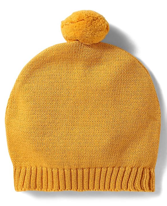 Babyhug Organic Cotton Knitted Full Sleeves Striped Pullover Sweater Set With Kitty Patch Detailing & Cap - Golden
