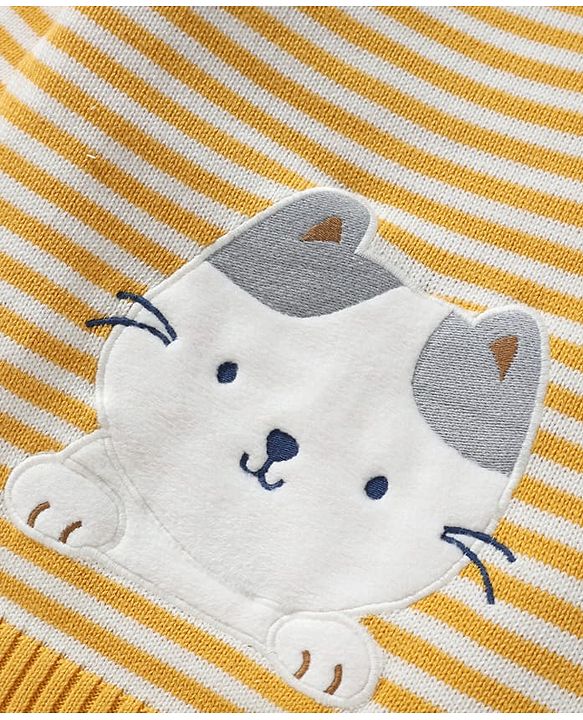 Babyhug Organic Cotton Knitted Full Sleeves Striped Pullover Sweater Set With Kitty Patch Detailing & Cap - Golden