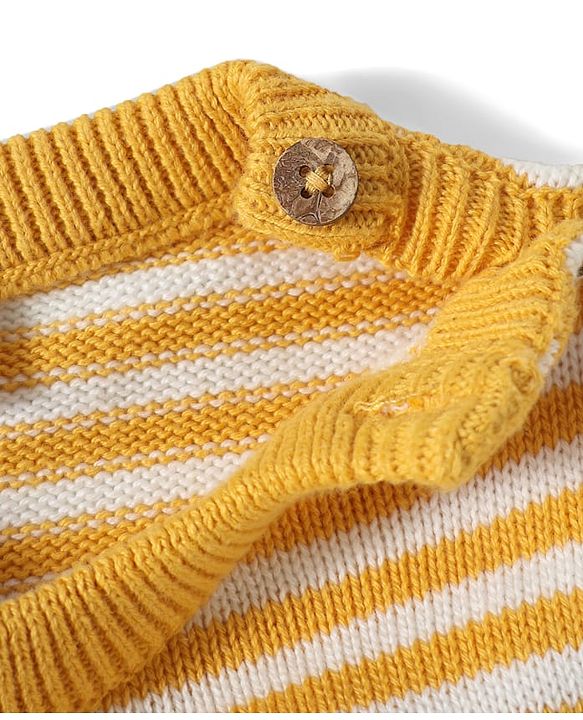 Babyhug Organic Cotton Knitted Full Sleeves Striped Pullover Sweater Set With Kitty Patch Detailing & Cap - Golden