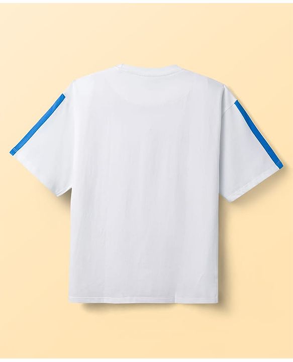 Pine Kids Disney Single Jersey Knit Half Sleeves Drop Shoulder T-Shirt & Shorts Set With Donald Duck Graphics - White & Blue