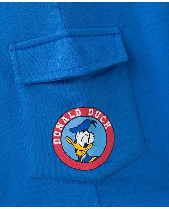 Pine Kids Disney Single Jersey Knit Half Sleeves Drop Shoulder T-Shirt & Shorts Set With Donald Duck Graphics - White & Blue