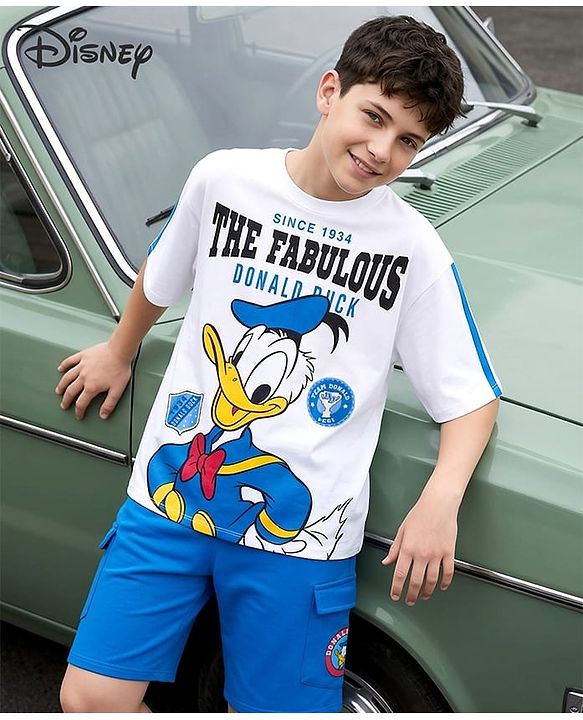 Pine Kids Disney Single Jersey Knit Half Sleeves Drop Shoulder T-Shirt & Shorts Set With Donald Duck Graphics - White & Blue