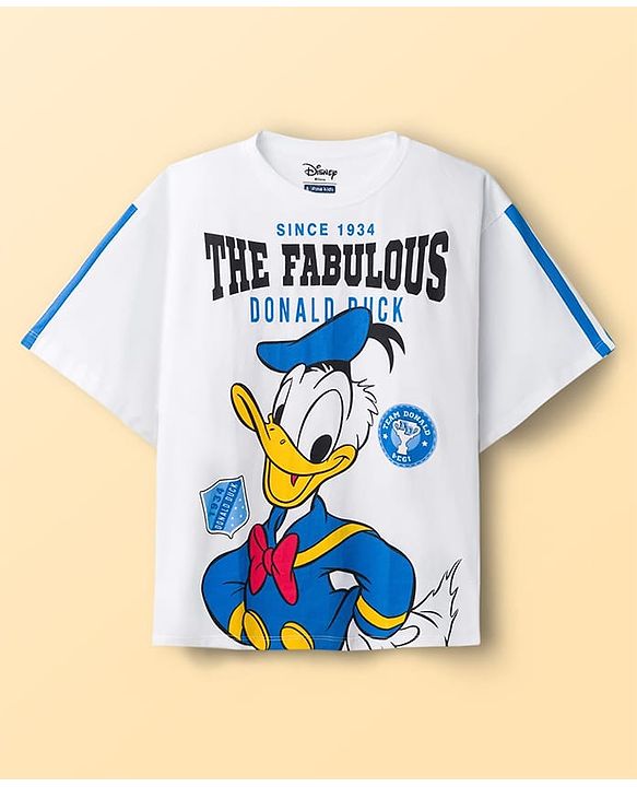 Pine Kids Disney Single Jersey Knit Half Sleeves Drop Shoulder T-Shirt & Shorts Set With Donald Duck Graphics - White & Blue