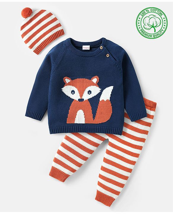 Babyhug Organic Cotton Knitted Full Raglan Sleeves Pullover Sweater Set with Cap Striped & Fox Design - Royal Blue & Orange