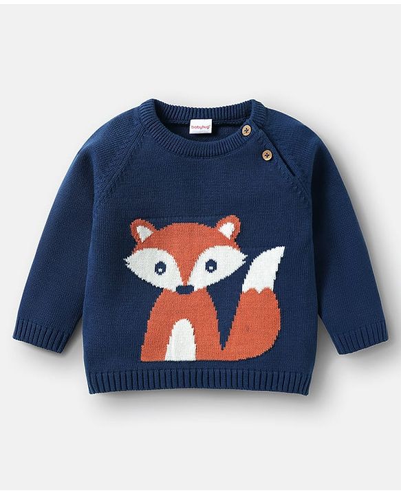 Babyhug Organic Cotton Knitted Full Raglan Sleeves Pullover Sweater Set with Cap Striped & Fox Design - Royal Blue & Orange