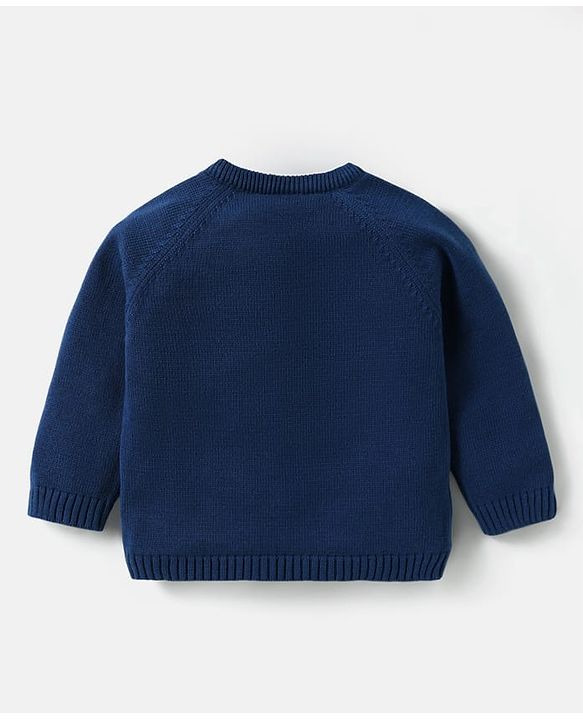 Babyhug Organic Cotton Knitted Full Raglan Sleeves Pullover Sweater Set with Cap Striped & Fox Design - Royal Blue & Orange