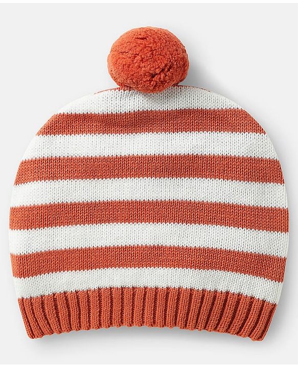 Babyhug Organic Cotton Knitted Full Raglan Sleeves Pullover Sweater Set with Cap Striped & Fox Design - Royal Blue & Orange