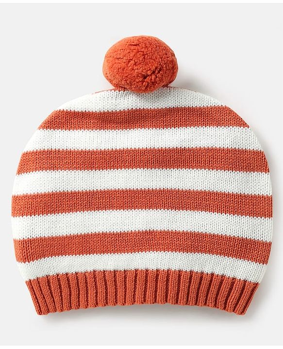 Babyhug Organic Cotton Knitted Full Raglan Sleeves Pullover Sweater Set with Cap Striped & Fox Design - Royal Blue & Orange