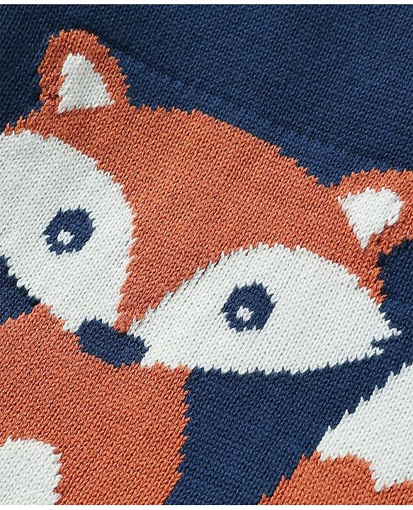 Babyhug Organic Cotton Knitted Full Raglan Sleeves Pullover Sweater Set with Cap Striped & Fox Design - Royal Blue & Orange