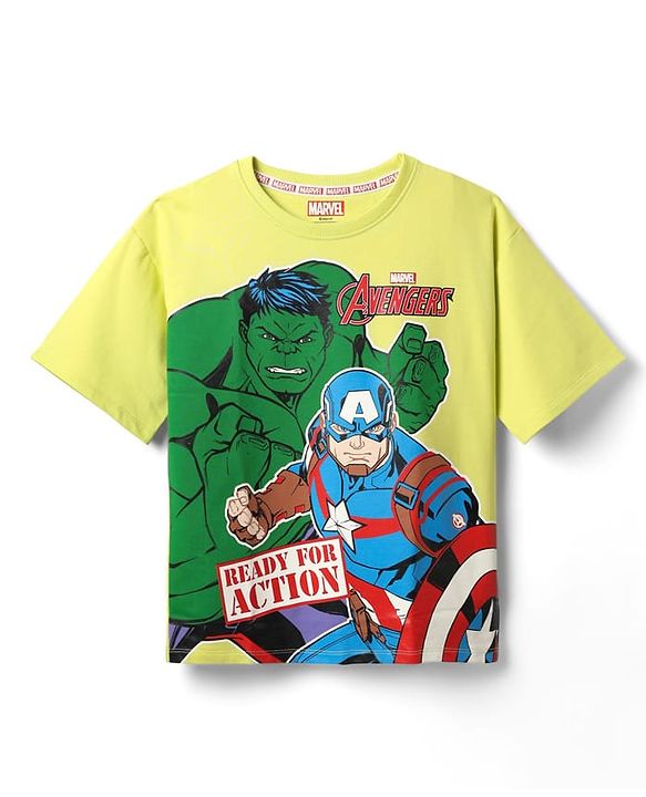 Pine Kids Marvel Terry Knit Half Drop Shoulder Sleeves T-Shirt with Avengers Graphics - Neon Green