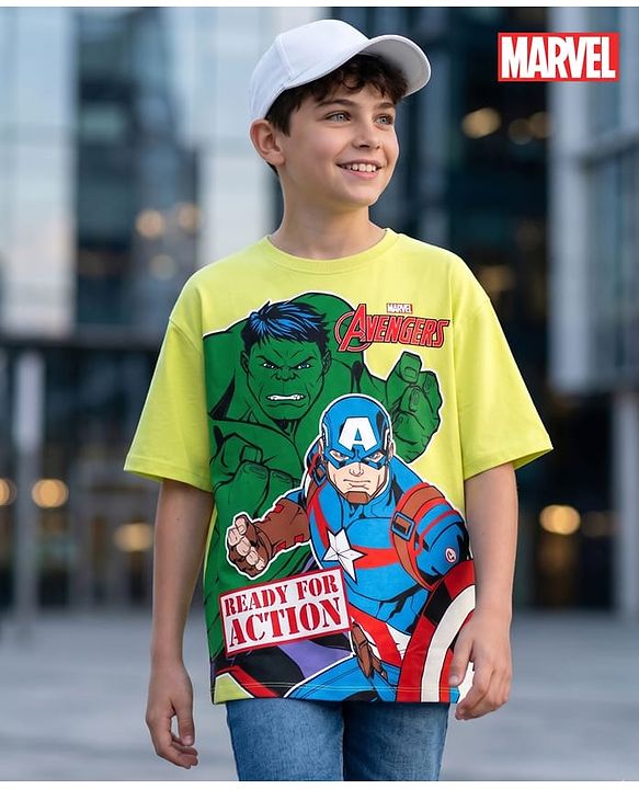 Pine Kids Marvel Terry Knit Half Drop Shoulder Sleeves T-Shirt with Avengers Graphics - Neon Green