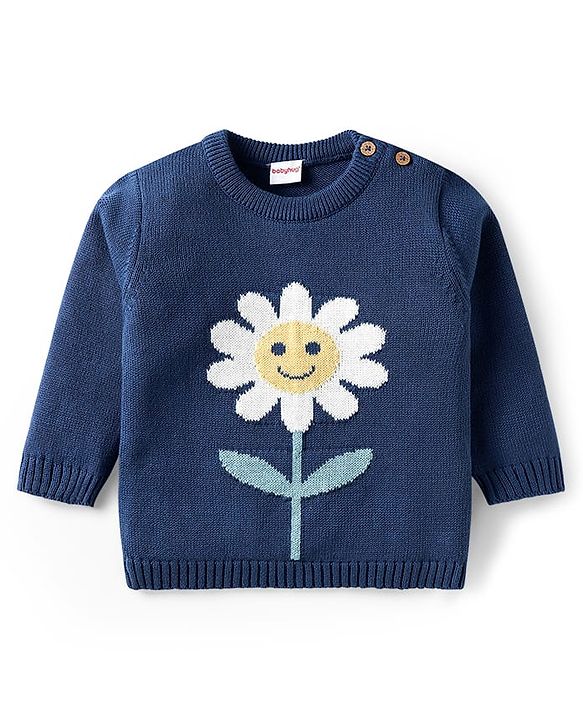 Babyhug Organic Cotton Knitted Full Sleeves Pullover Striped Sweater Set with Cap & Floral Design - Navy Blue