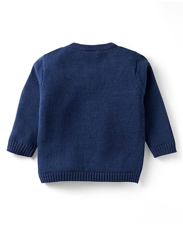 Babyhug Organic Cotton Knitted Full Sleeves Pullover Striped Sweater Set with Cap & Floral Design - Navy Blue