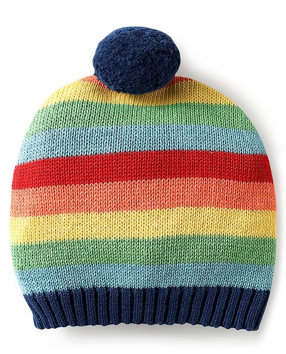 Babyhug Organic Cotton Knitted Full Sleeves Pullover Striped Sweater Set with Cap & Floral Design - Navy Blue
