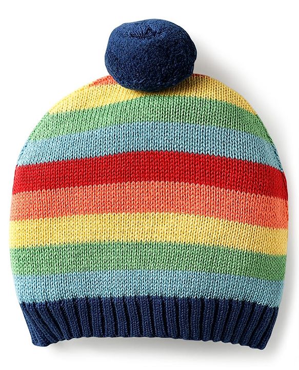 Babyhug Organic Cotton Knitted Full Sleeves Pullover Striped Sweater Set with Cap & Floral Design - Navy Blue
