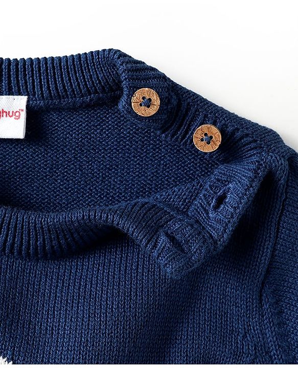 Babyhug Organic Cotton Knitted Full Sleeves Pullover Striped Sweater Set with Cap & Floral Design - Navy Blue