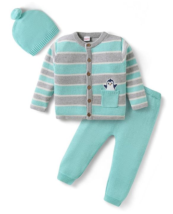 Babyhug Organic Cotton Knitted Full Sleeves Striped Sweater Set with Cap Penguin Design - Grey