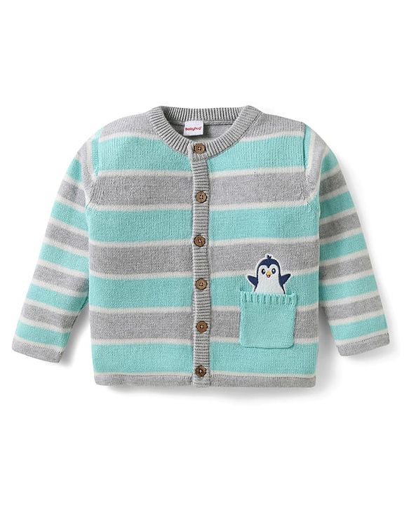 Babyhug Organic Cotton Knitted Full Sleeves Striped Sweater Set with Cap Penguin Design - Grey