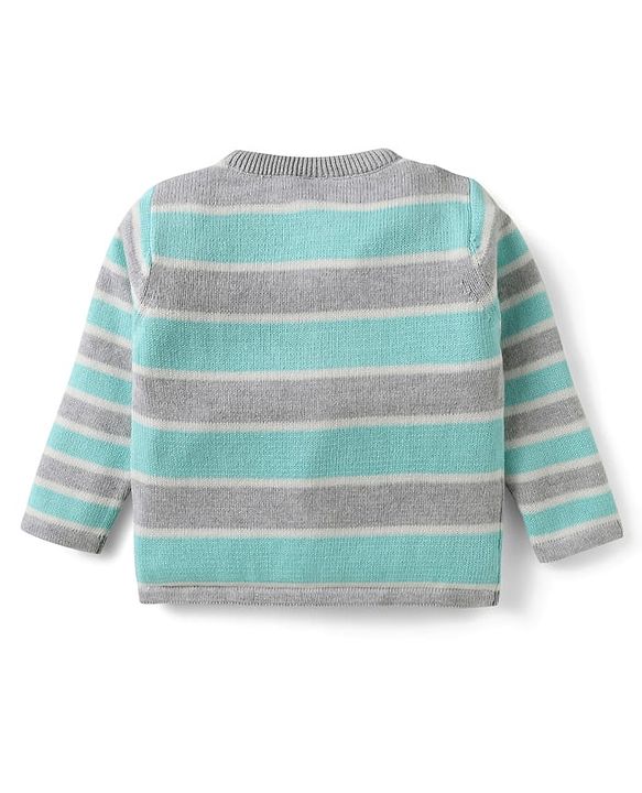 Babyhug Organic Cotton Knitted Full Sleeves Striped Sweater Set with Cap Penguin Design - Grey