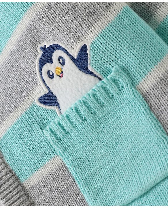 Babyhug Organic Cotton Knitted Full Sleeves Striped Sweater Set with Cap Penguin Design - Grey