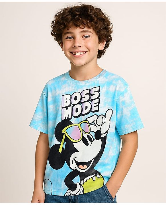Pine Kids Disney Single Jersey Knit Half Drop Shoulder Sleeves Tie & Dye T-Shirt with Mickey Mouse Graphics - Aqua Blue