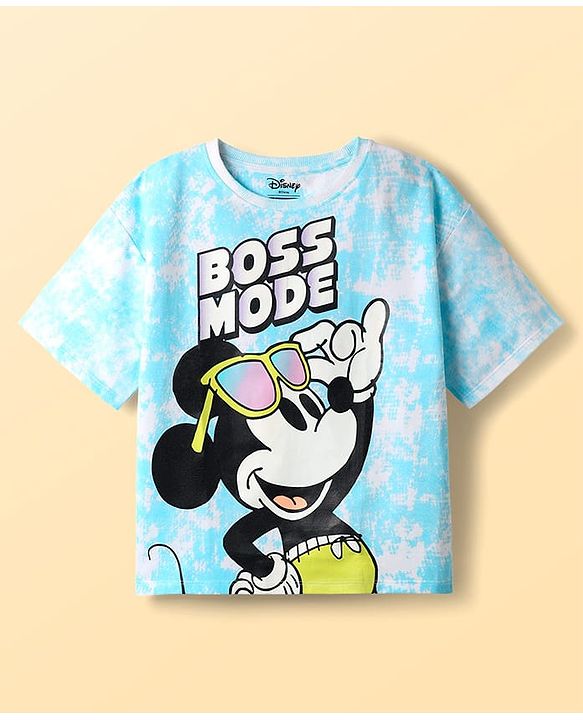 Pine Kids Disney Single Jersey Knit Half Drop Shoulder Sleeves Tie & Dye T-Shirt with Mickey Mouse Graphics - Aqua Blue