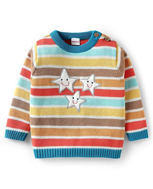 Babyhug Organic Cotton Knitted Full Sleeves Striped Sweater Set with Cap Star Design - Red