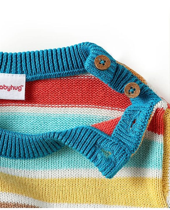Babyhug Organic Cotton Knitted Full Sleeves Striped Sweater Set with Cap Star Design - Red